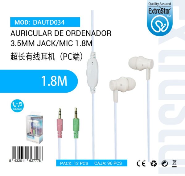 AURICULAR COM FIO 1,80M