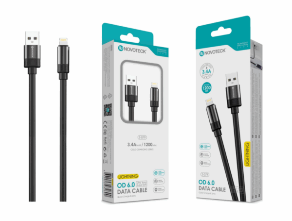 Cabo de Dados Lightning 3.4A,1.2m,OD 6.0 Super Grosso,Negro,Alta Durabilidade