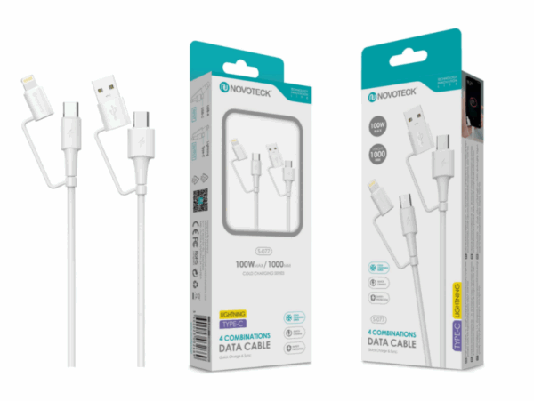 Cabo de Dados 4 em 1 - Carregamento Rápido 100W, Lightning/Type-C, 1m