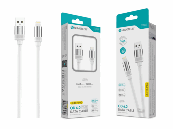 Cabo de Dados Lightning 3.4A,1.2m,OD 6.0 Super Grosso,Branco,Alta Durabilidade