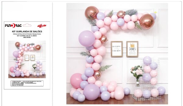 Kit Guirlanda de Balões – Lilás e Rosa Bebé com Detalhes Dourados