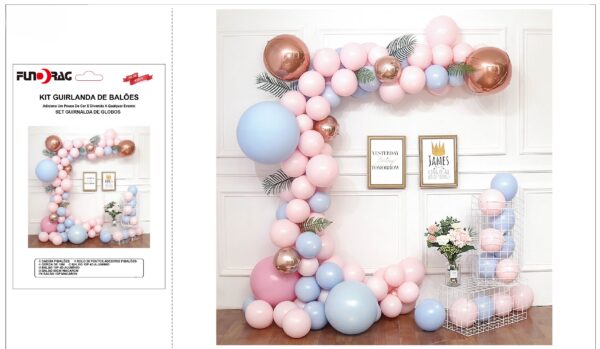 Kit Guirlanda de Balões – Azul Bebé e Rosa Bebé com Detalhes Dourados