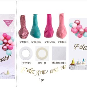 Guirlanda de Balões Rosa e Verde Água com Letras Douradas “Aniversário” – 30 Peças