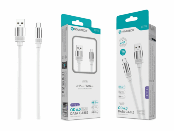 Cabo de Dados Type-C 3.4A,1.2m,OD 6.0 Super Grosso,Branco,Alta Durabilidade