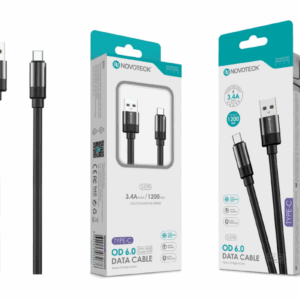 Cabo de Dados Type-C 3.4A,1.2m,OD 6.0 Super Grosso,Negro,Alta Durabilidade
