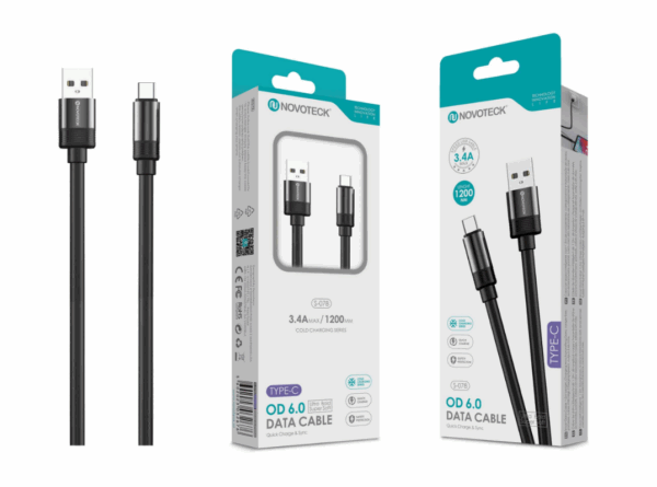 Cabo de Dados Type-C 3.4A,1.2m,OD 6.0 Super Grosso,Negro,Alta Durabilidade