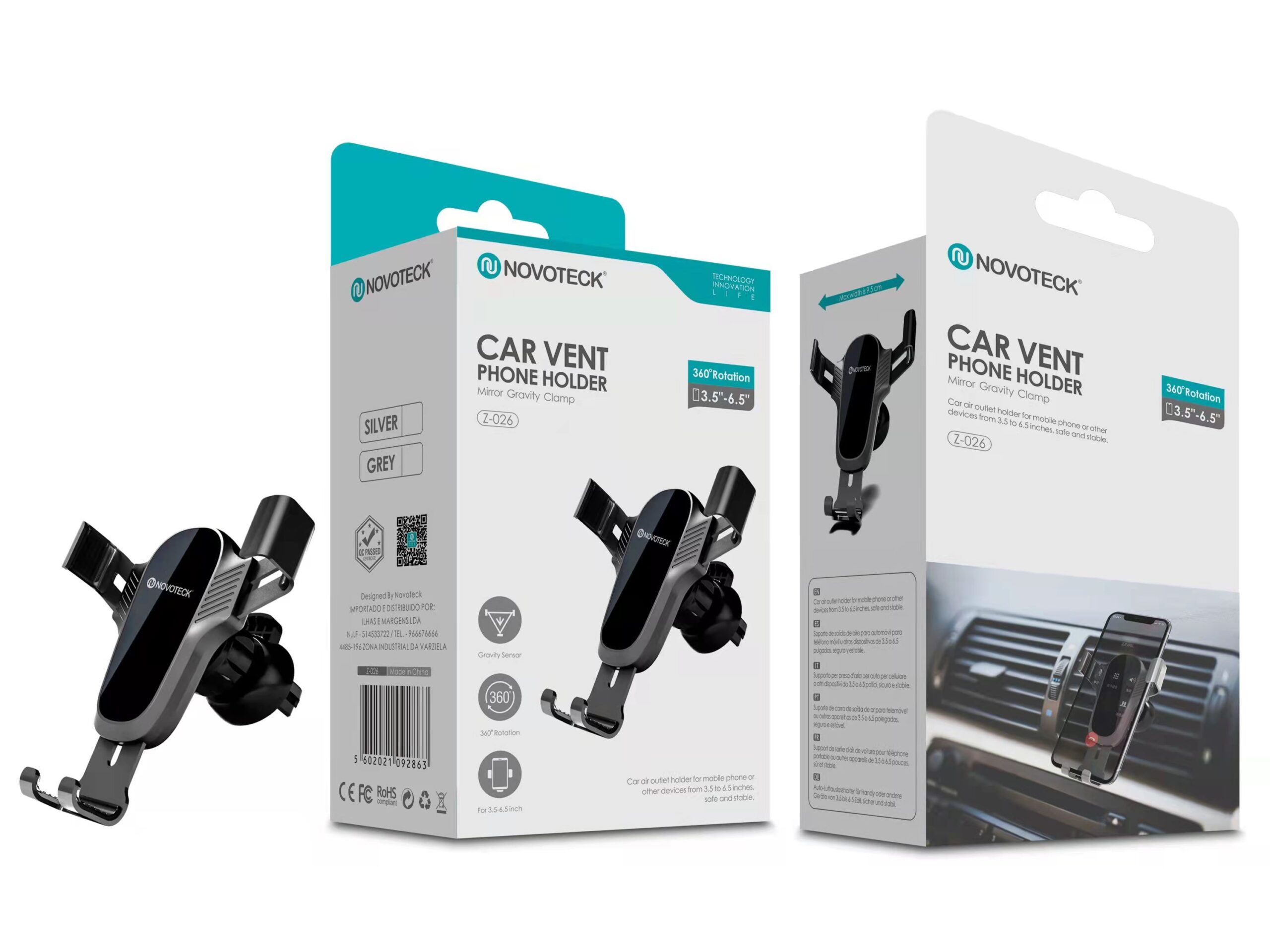 Suporte para Ventilação de Carro Novoteck Z-026 - Mecanismo de Gravidade, Rotação 360°, Cores Prateado/Cinza, para Telemóveis 3,5''-6,5''
