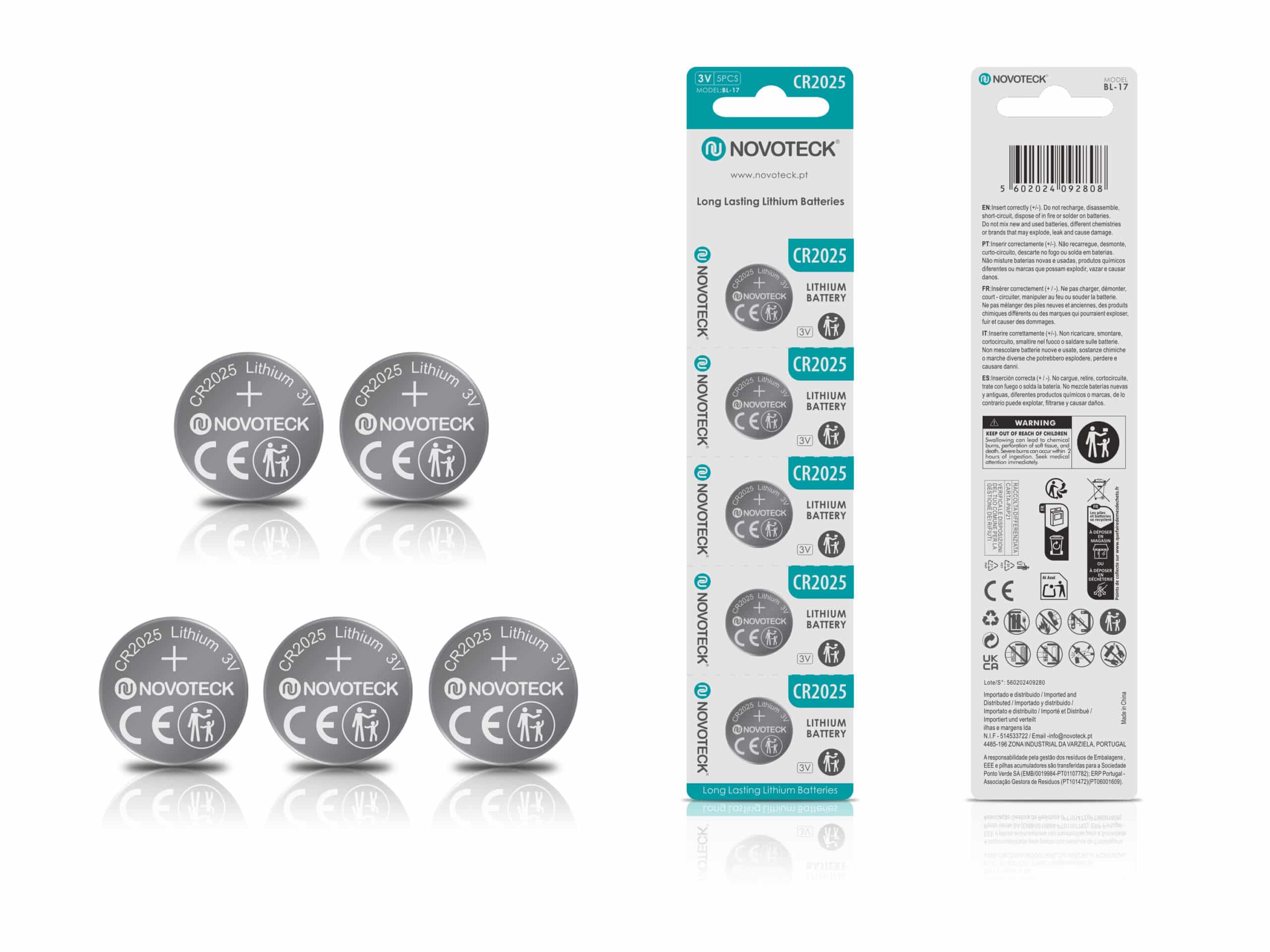 Pilhas de Lítio CR2025 NOVOTECK 3V – Longa Duração – Pack com 5 Unidades BL-17