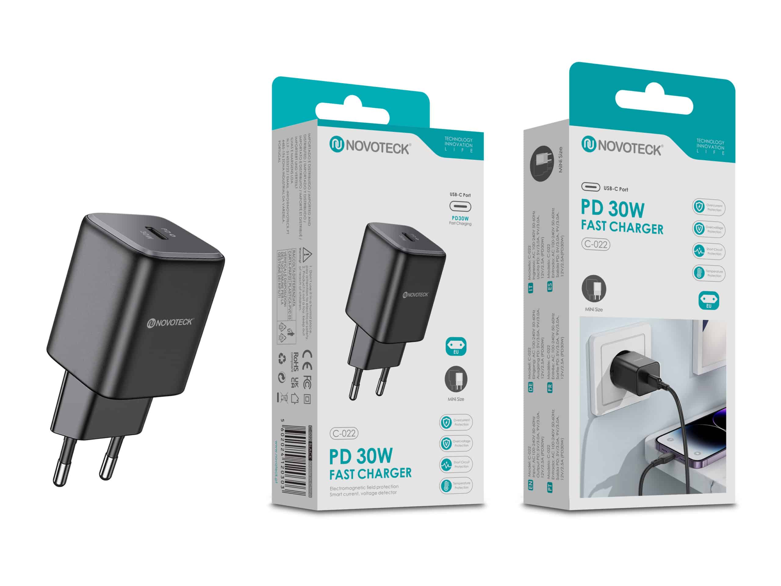 Carregador Rápido USB-C Negro C-022 – 30W PD, Compacto, Compatível com Smartphones e Laptops