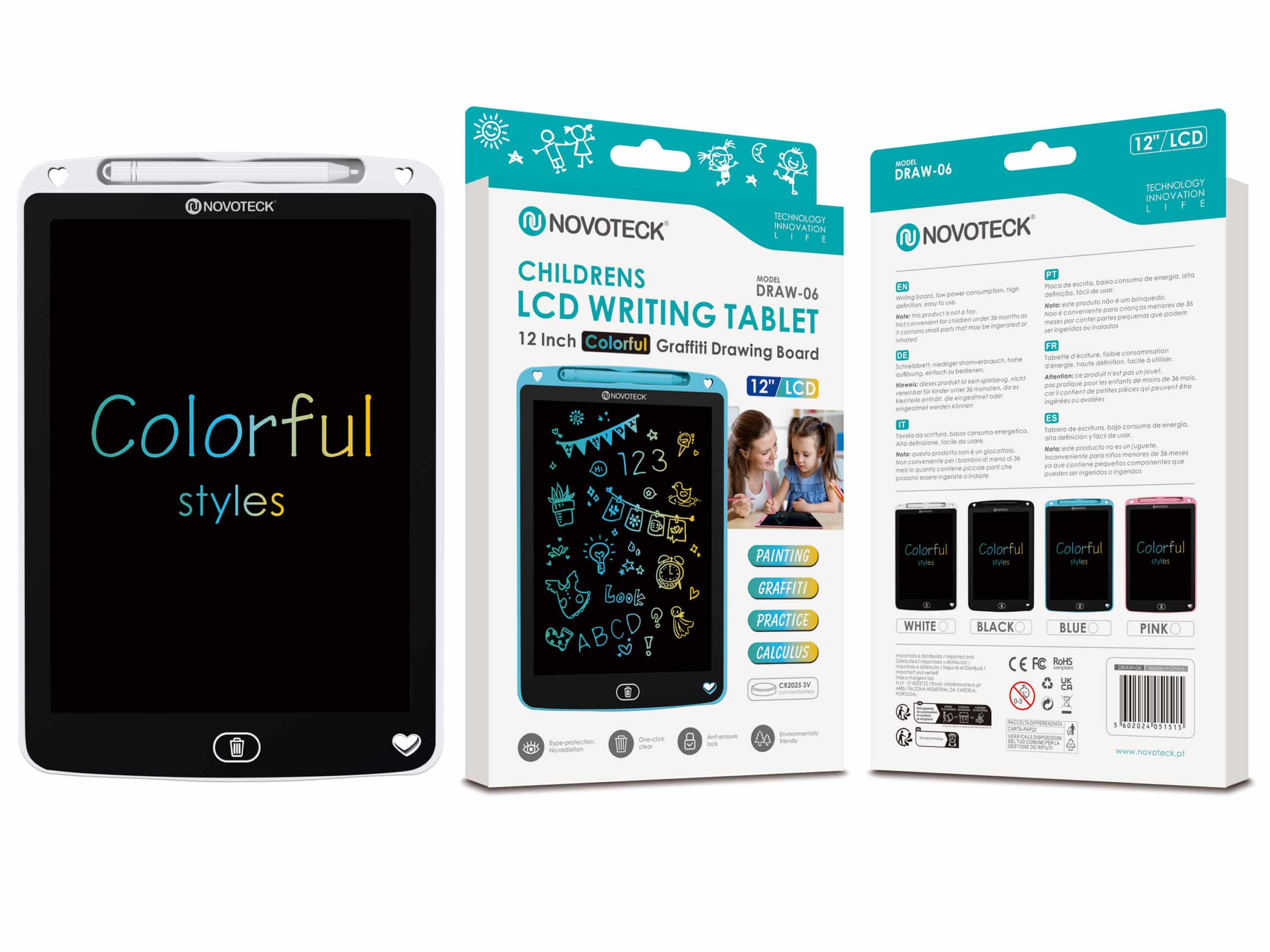 Tablet de Escrita LCD Colorido para Crianças - 12'' Polegadas, DRAW-06 Branco