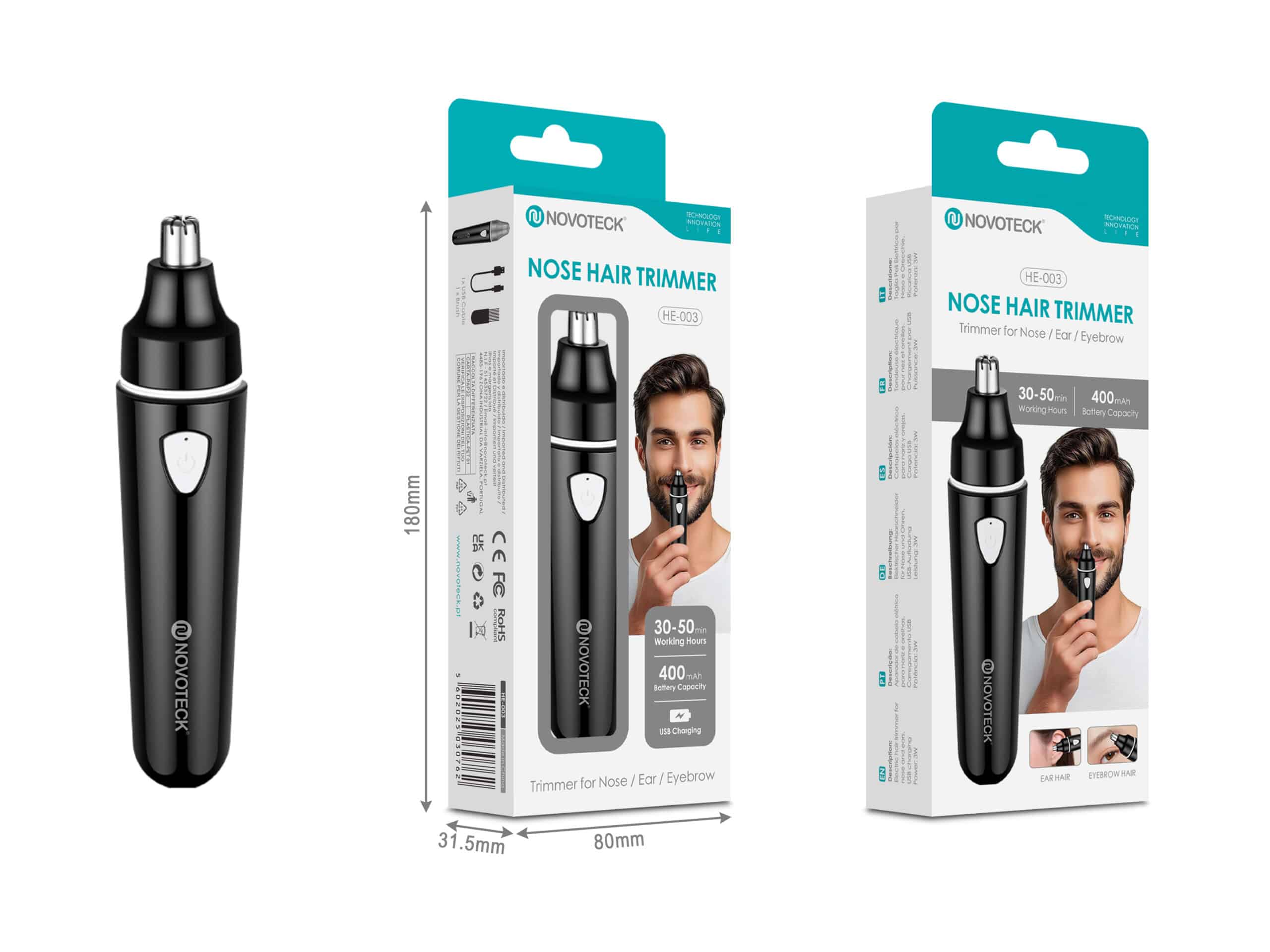 Aparador de Pêlos Nasais Novoteck HE-003 – Recarregável via USB, Para Nariz, Orelhas e Sobrancelhas, 400mAh, 30-50h de Autonomia