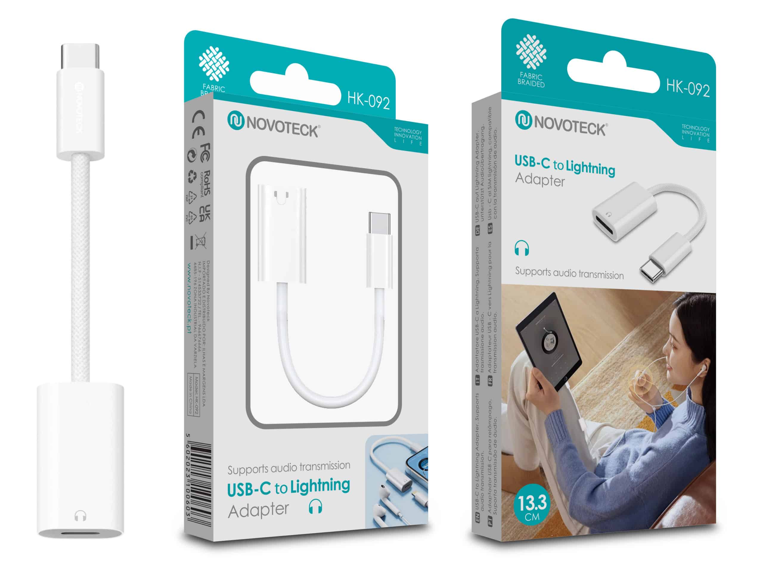 Adaptador USB-C para Lightning Novoteck HK-092 Suporte de Áudio e Design Durável com Revestimento em Tecido