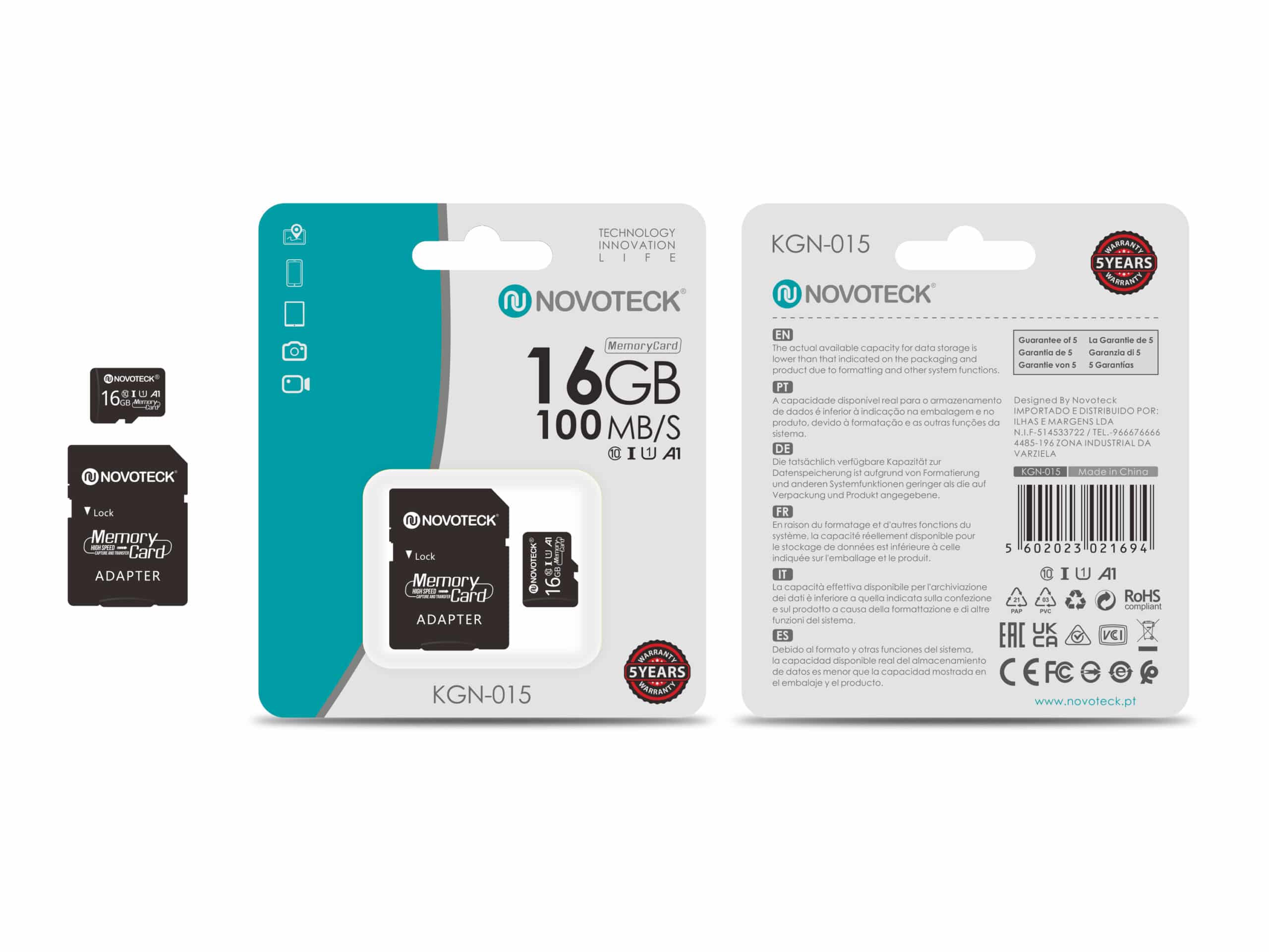 Cartão de Memória Novoteck 16GB microSDHC com Adaptador – KGN-015, 100MB/s, Classe 10, A1