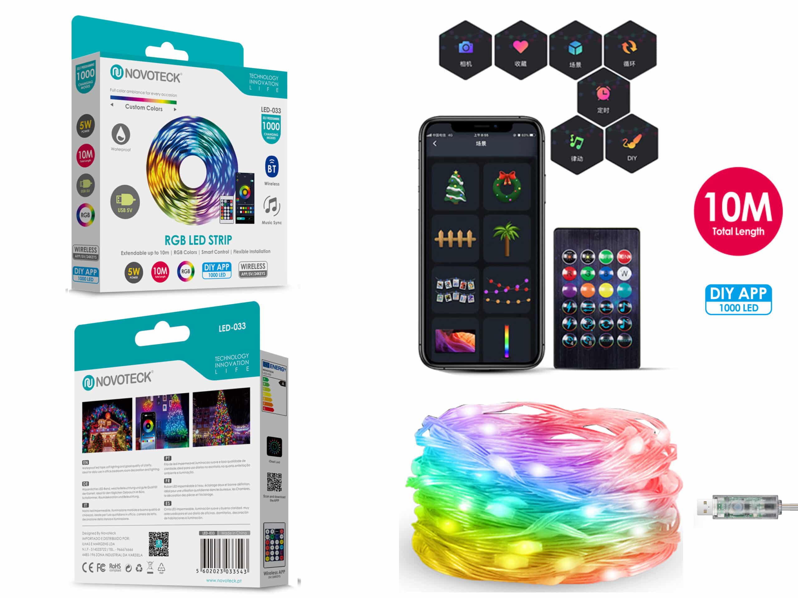 Fita LED Strip RGB Personalizável Novoteck LED-033 - 10m, 1000 LEDs, 5W, DIY App, IP65