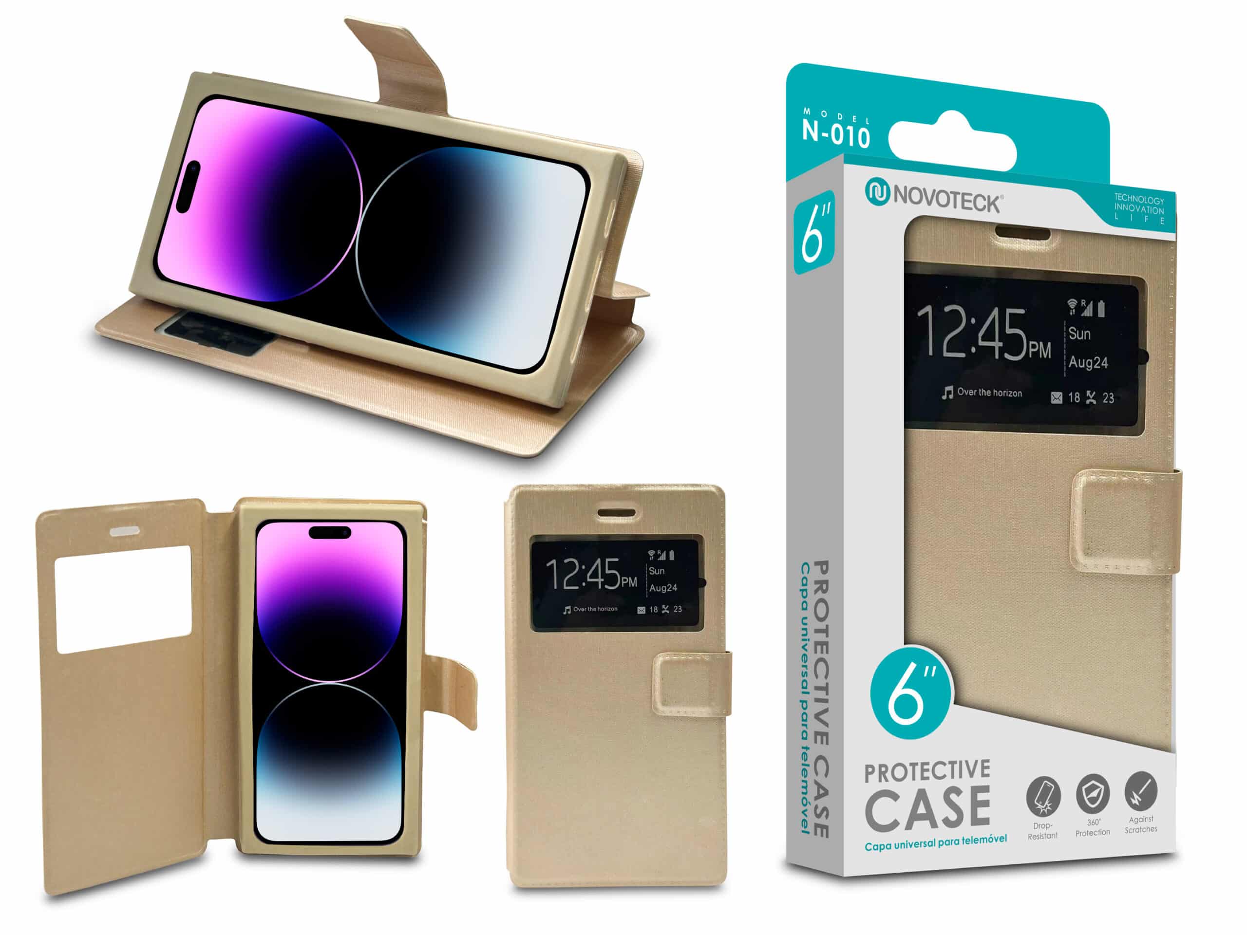Capa Protetora Universal Dourado para Smartphone de 6.0” N-010 – Visor Inteligente, Resistência a Impactos e Suporte Integrado