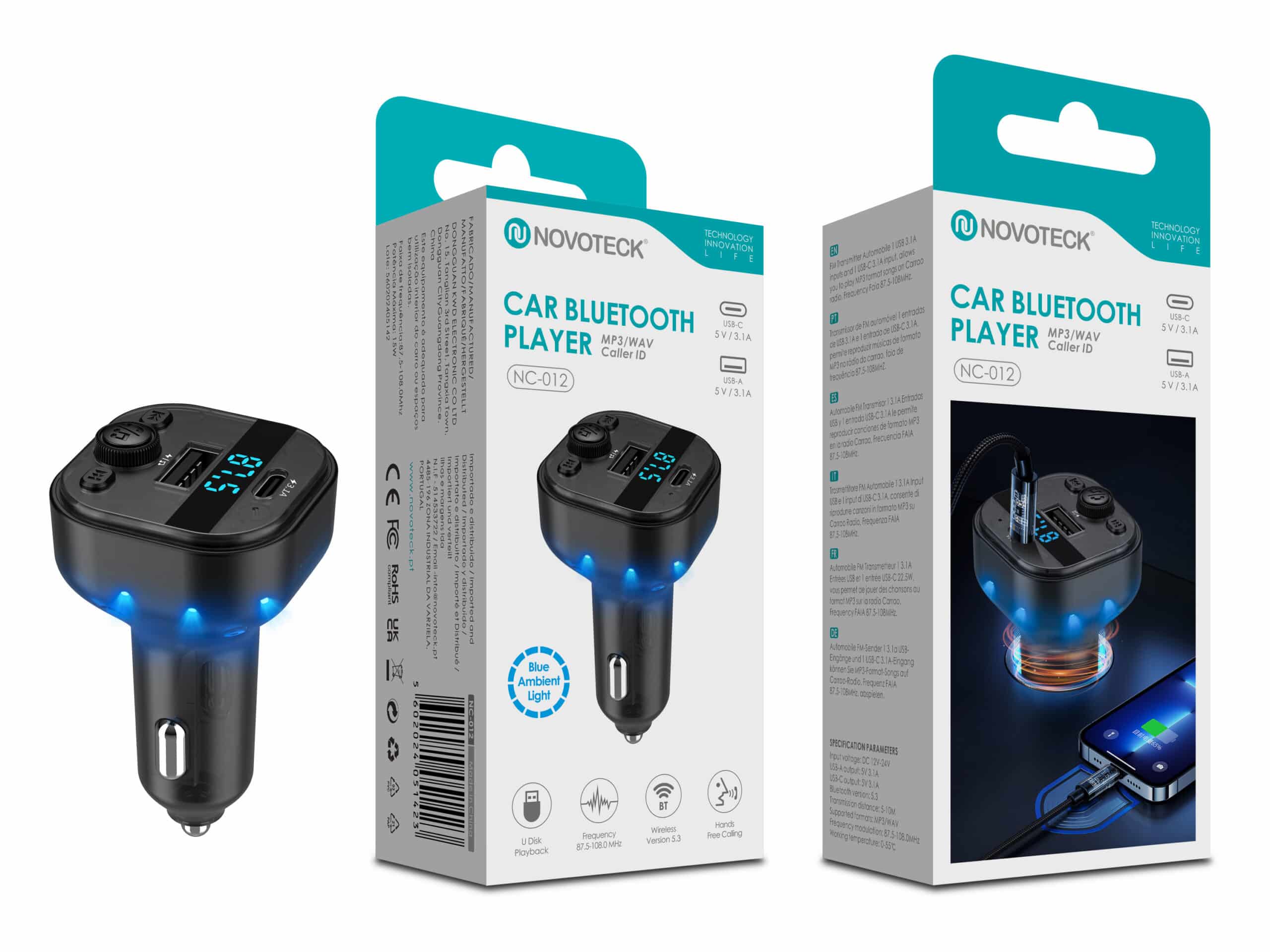 Reprodutor Bluetooth para Carro NC-012 – Chamadas Mãos-Livres e MP3/WAV