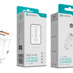 Carregador Rápido para Carro NOVOTECK Q-007 PD 27W - Portas USB-C e USB-A, Carregamento Duplo e Seguro
