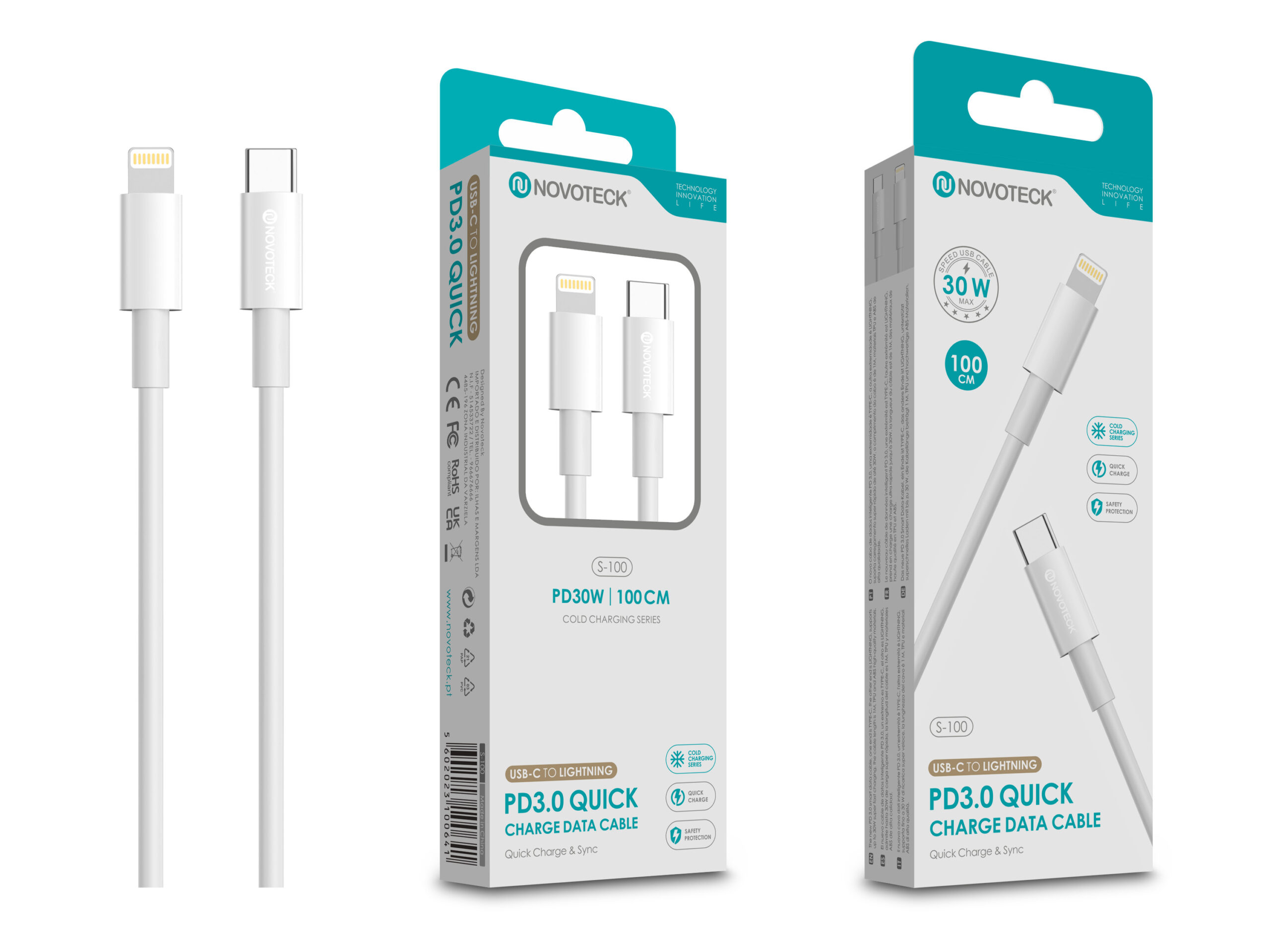 Cabo USB-C para Lightning NOVOTECK S-100 - Carregamento Rápido PD 3.0, Dados, 30W, 100cm