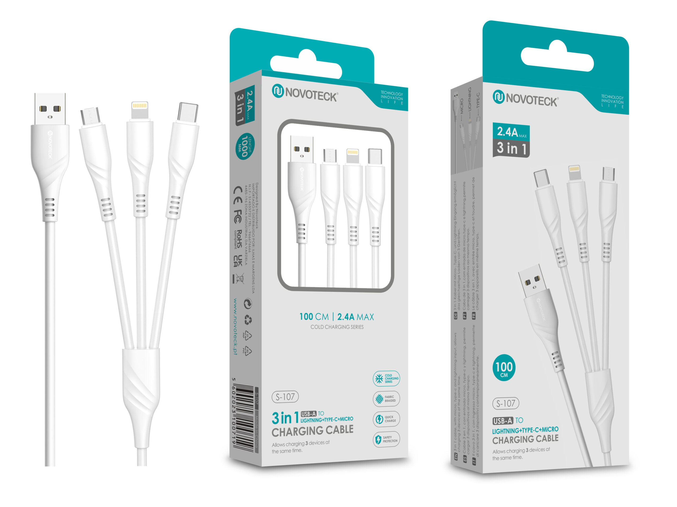 Cabo de Carregamento 3 em 1 NOVOTECK S-107 - USB para Lightning/Type-C/Micro-USB, 2.4A, 100cm