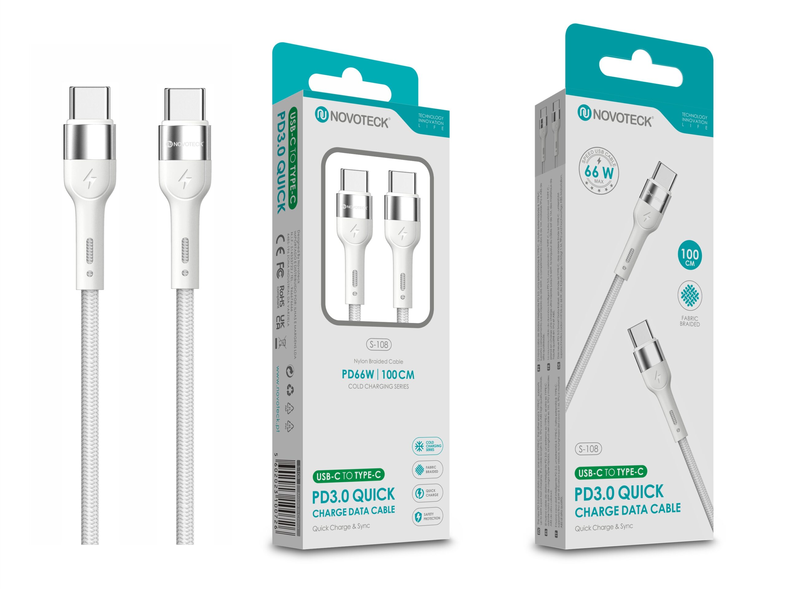 Cabo de Dados Trançado Nylon 3.1A Carregamento Rápido Branco USB-C to Type-C 1.0M
