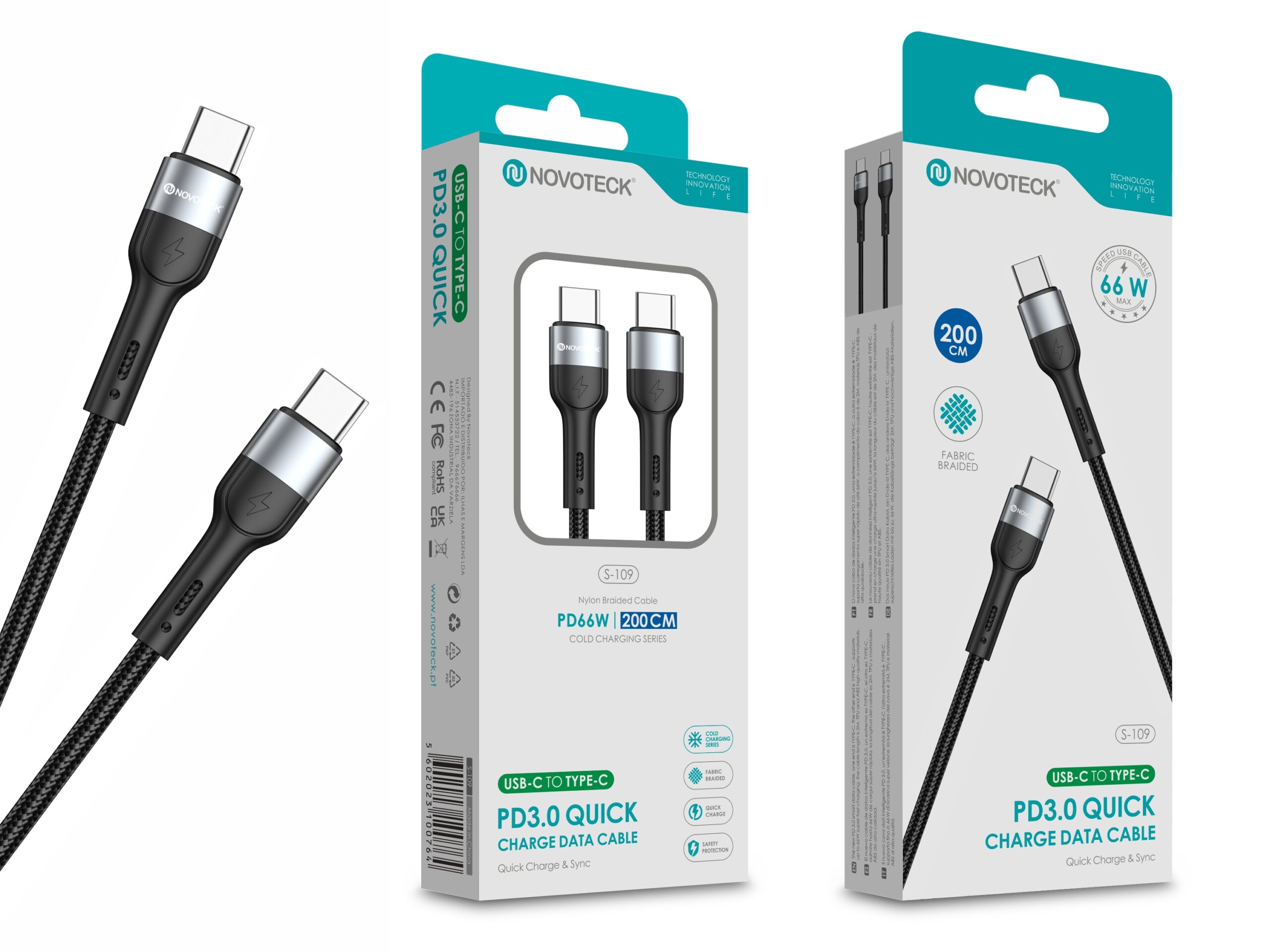 Cabo de Dados Trançado Nylon 3.1A Carregamento Rápido Negro USB-C to Type-C 2.0M