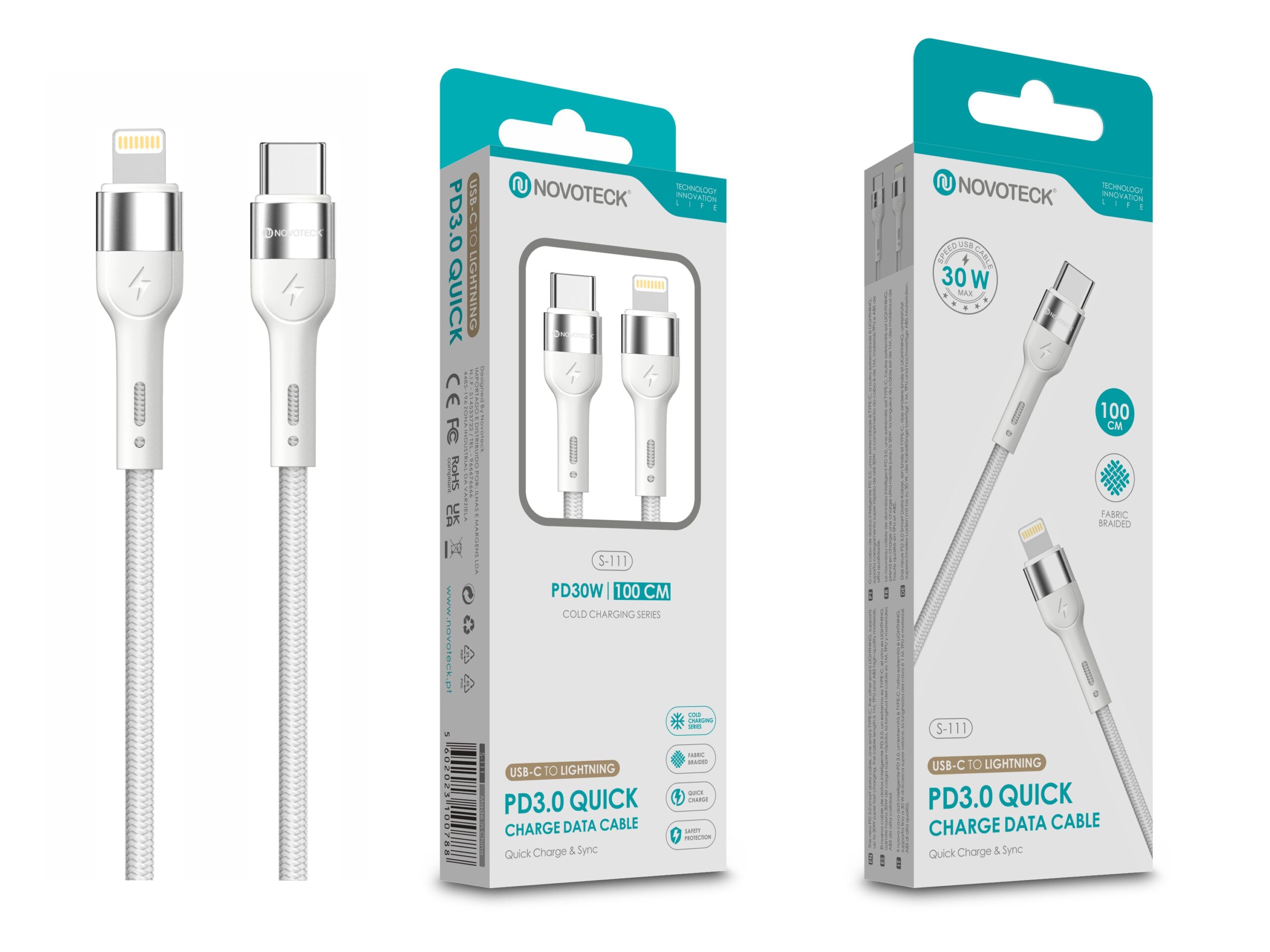 Cabo de Dados Trançado Nylon 3.1A Carregamento Rápido Branco USB-C to Lightinig 1.0M