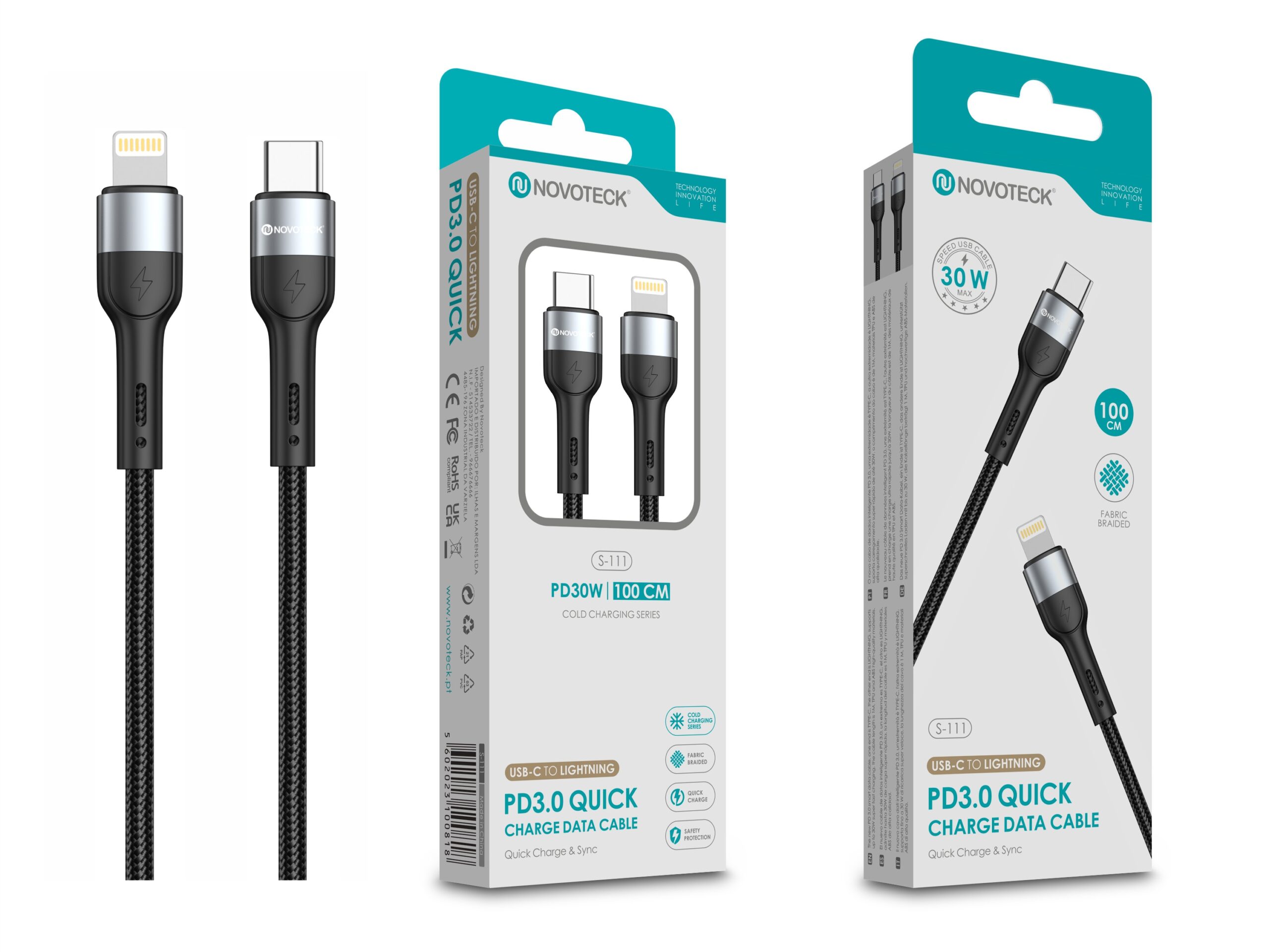 Cabo USB-C para Lightning NOVOTECK S-111 - PD 3.0, 30W, Negro,100cm,Trançado em Nylon