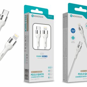 Cabo USB-C para Lightning NOVOTECK S-112 - PD 3.0, 30W, Branco,200cm,Trançado em Nylon