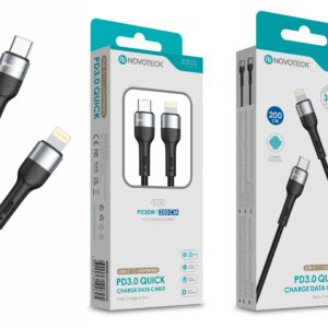 Cabo de Dados Trançado Nylon 3.1A Carregamento Rápido Negro USB-C to Lightinig 2.0M