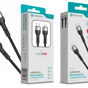 Cabo de Dados Trançado Nylon 3.1A Carregamento Rápido Negro USB-C to Lightinig 3.0M