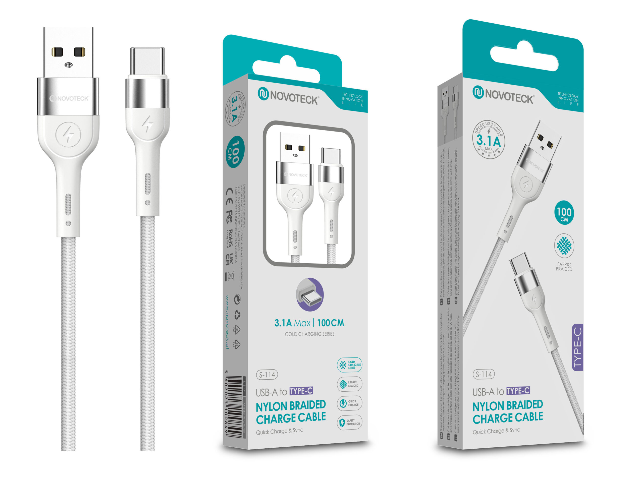 Cabo de Dados Trançado Nylon 3.1A Carregamento Rápido Branco Type-C USB 1.0M