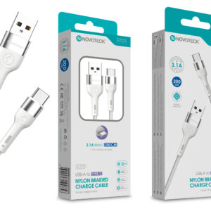 Cabo de Dados Trançado Nylon 3.1A Carregamento Rápido Branco Type-C USB 2.0M