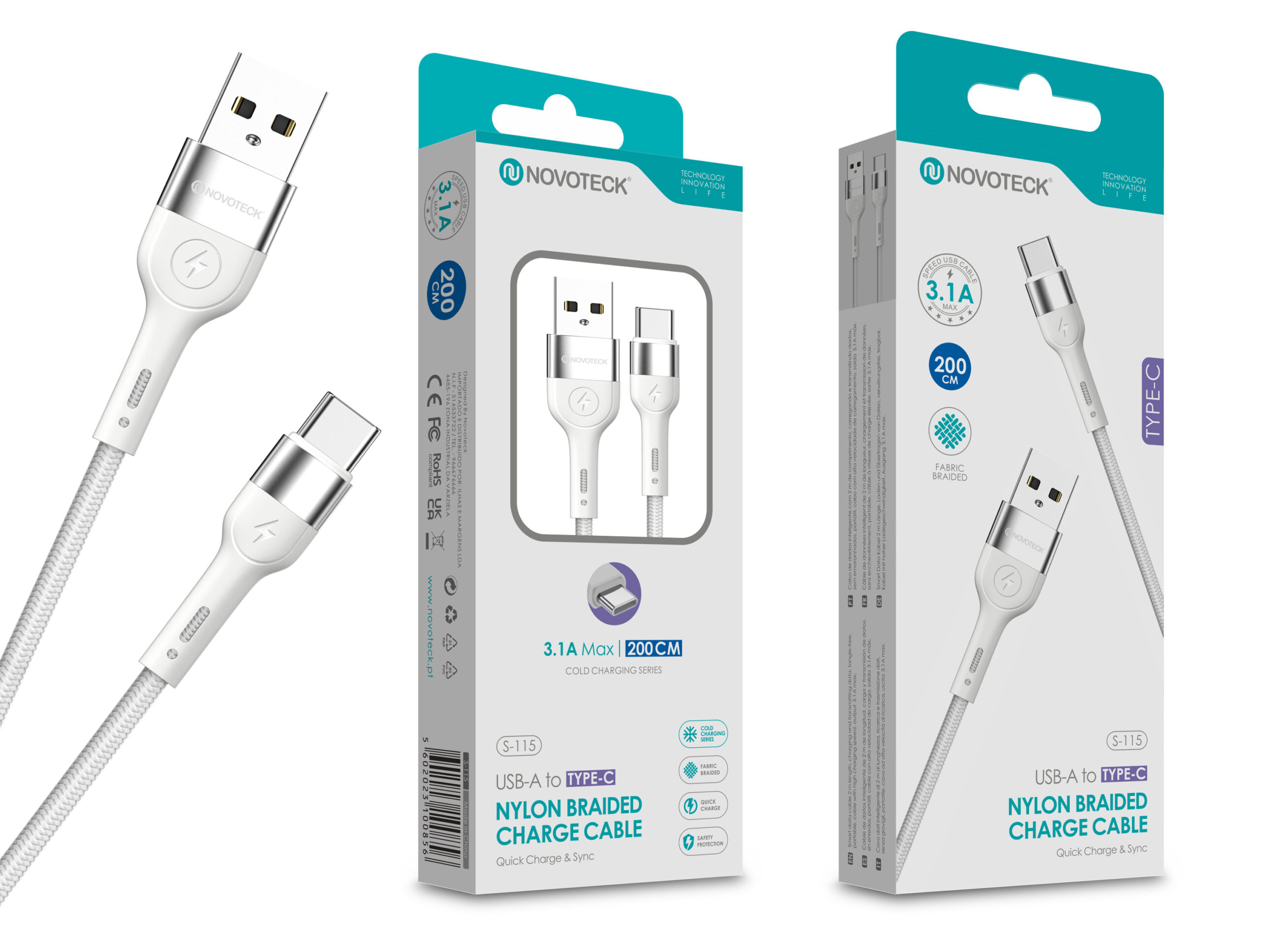 Cabo de Dados Trançado Nylon 3.1A Carregamento Rápido Branco Type-C USB 2.0M