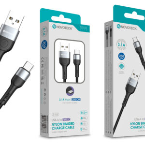 Cabo de Dados Trançado Nylon 3.1A Carregamento Rápido Negro Type-C USB 2.0M
