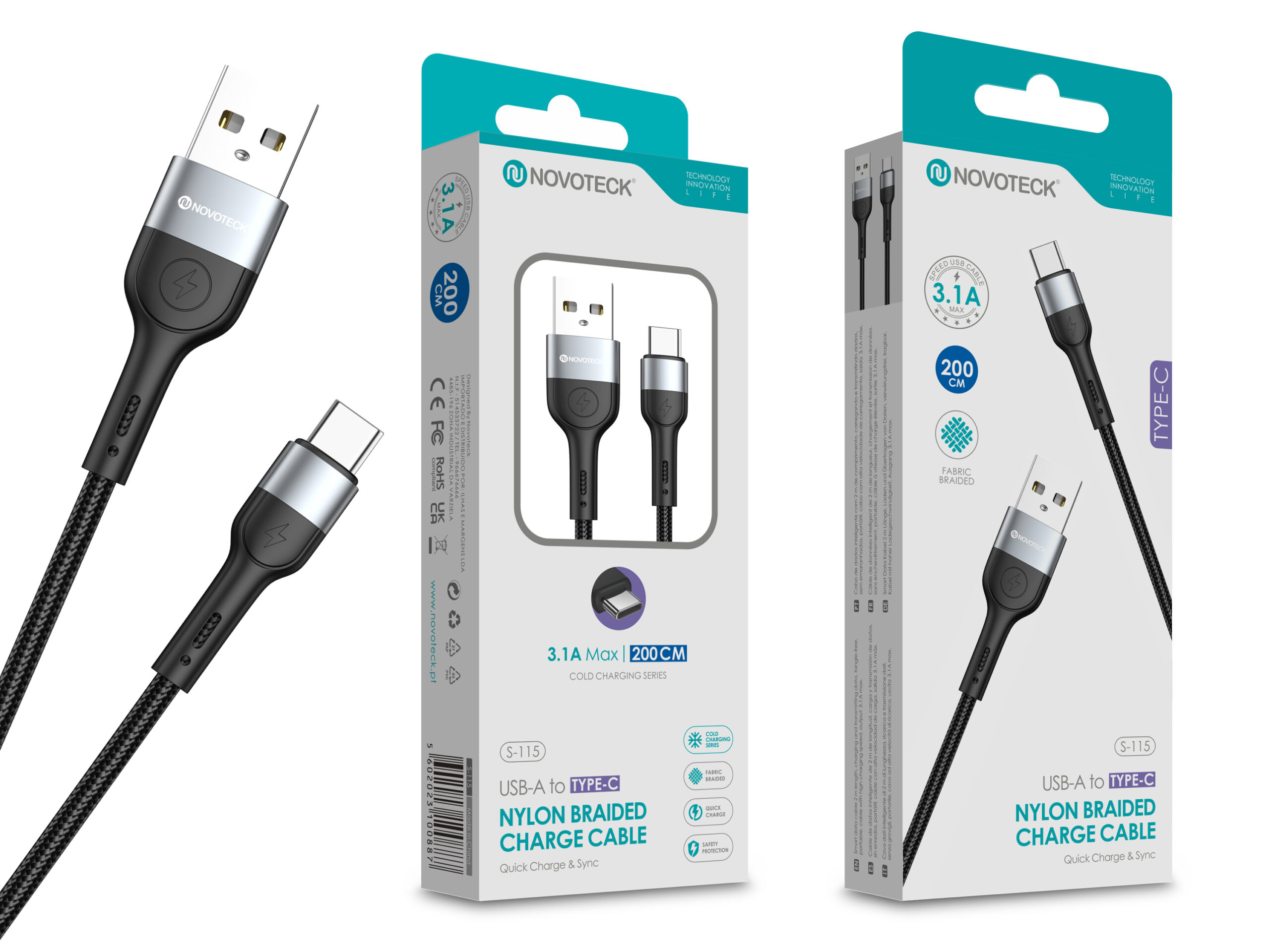 Cabo de Dados Trançado Nylon 3.1A Carregamento Rápido Negro Type-C USB 2.0M