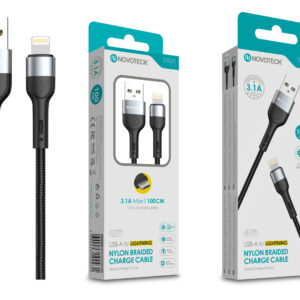 Cabo de Dados Trançado Nylon 3.1A Carregamento Rápido Negro Lightning USB 1.0M