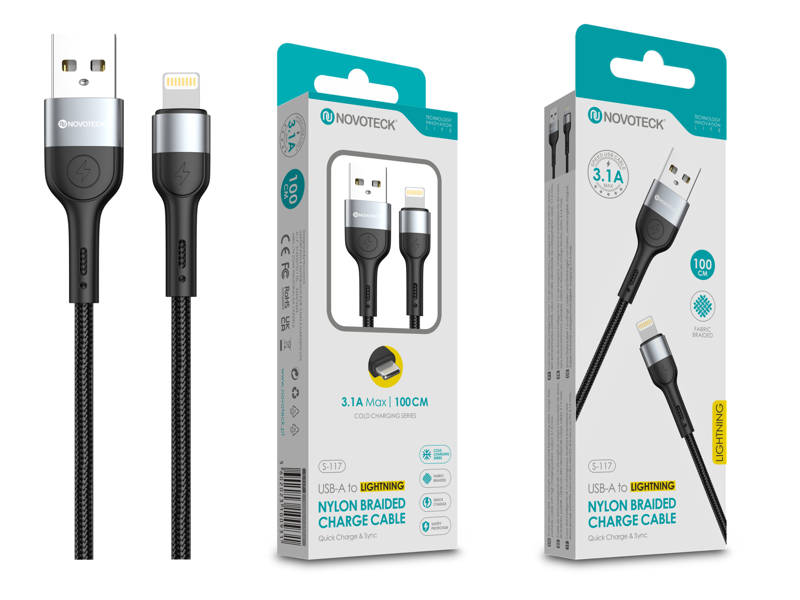 Cabo de Dados Trançado Nylon 3.1A Carregamento Rápido Negro Lightning USB 1.0M