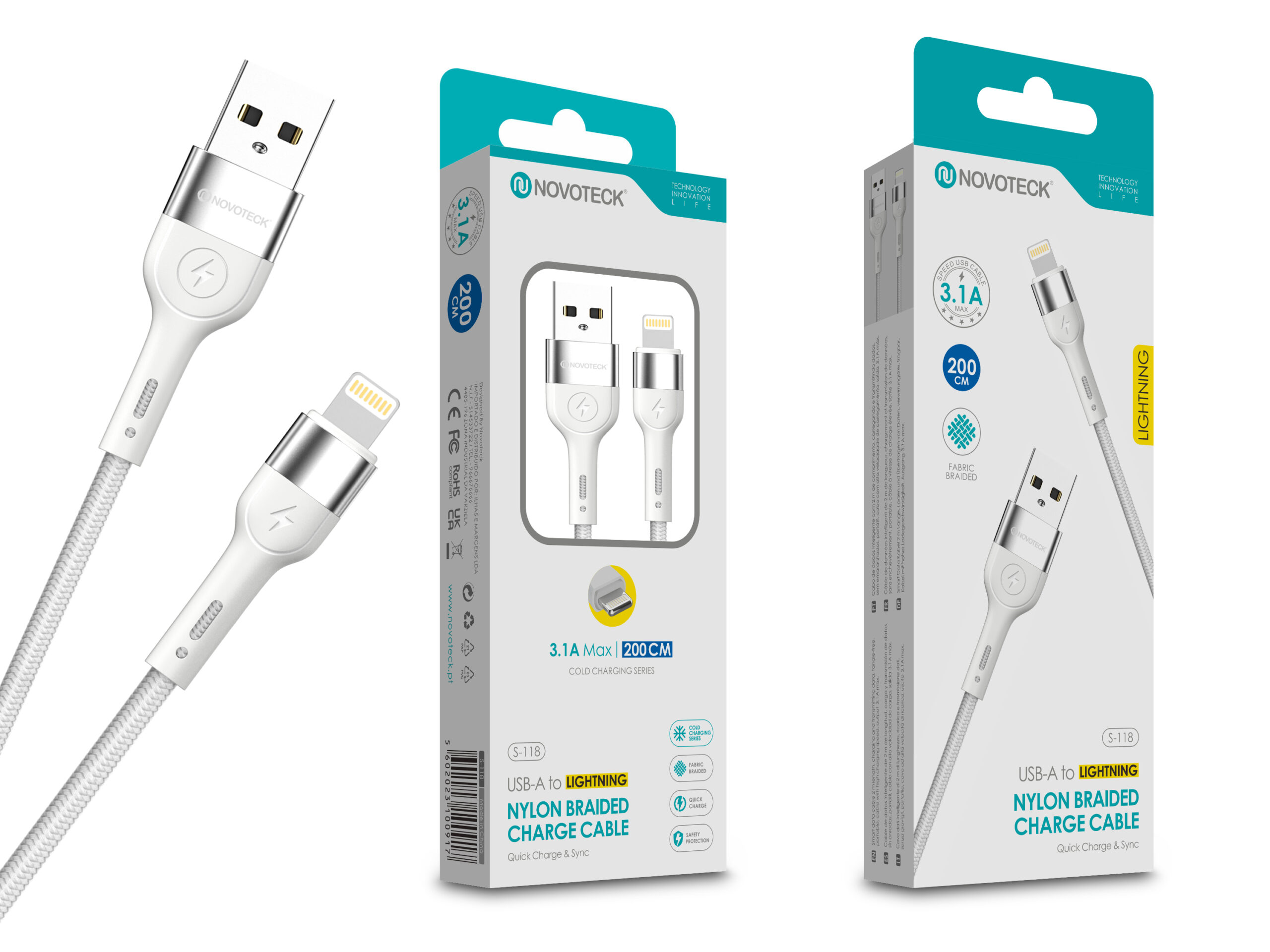 Cabo de Dados Trançado Nylon 3.1A Carregamento Rápido Branco Lightning USB 2.0M