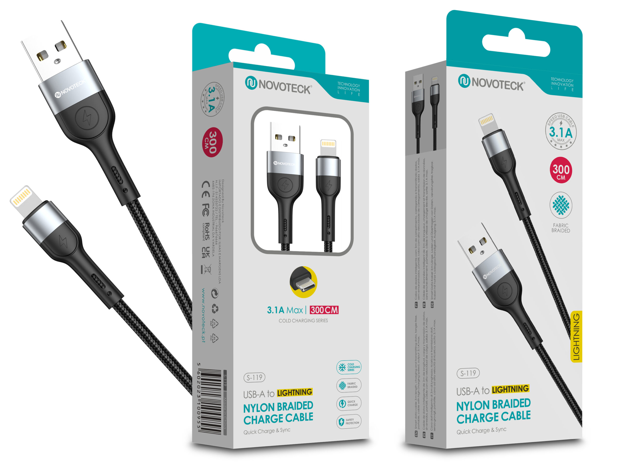 Cabo de Dados Trançado Nylon 3.1A Carregamento Rápido Negro Lightning USB 3.0M