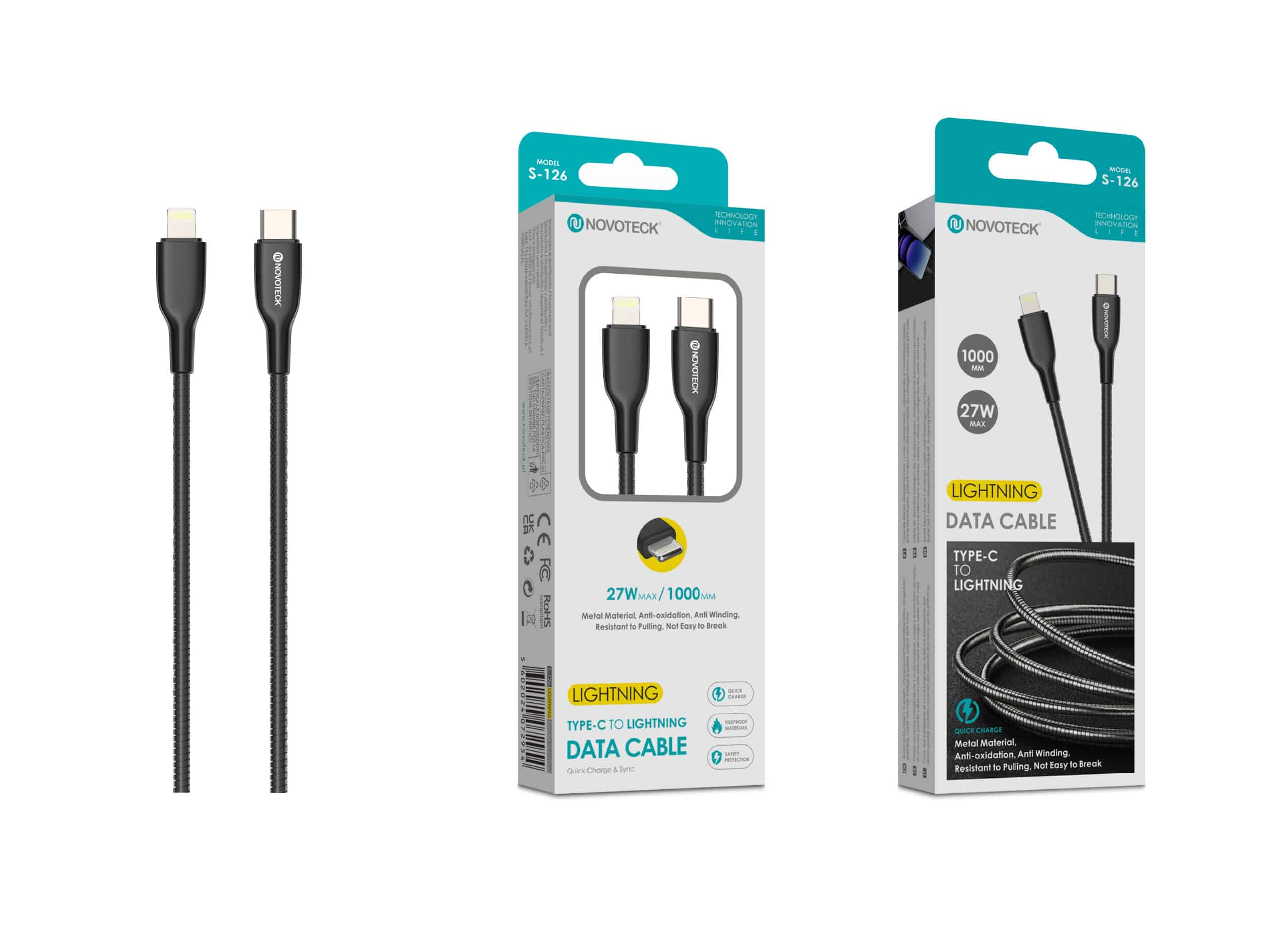 Cabo Type-C para Lightning NOVOTECK S-126 – 27W, 1m, Reforçado, Carregamento Rápido e Sincronização