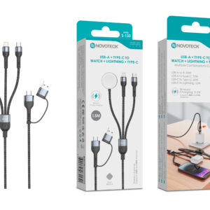 Cabo 3 em 1 Novoteck S-133 – USB-A/Type-C para Watch + Lightning + Type-C, 1.5M, 60W, Carregamento Wireless para Apple Watch e Dispositivos iOS/Androi