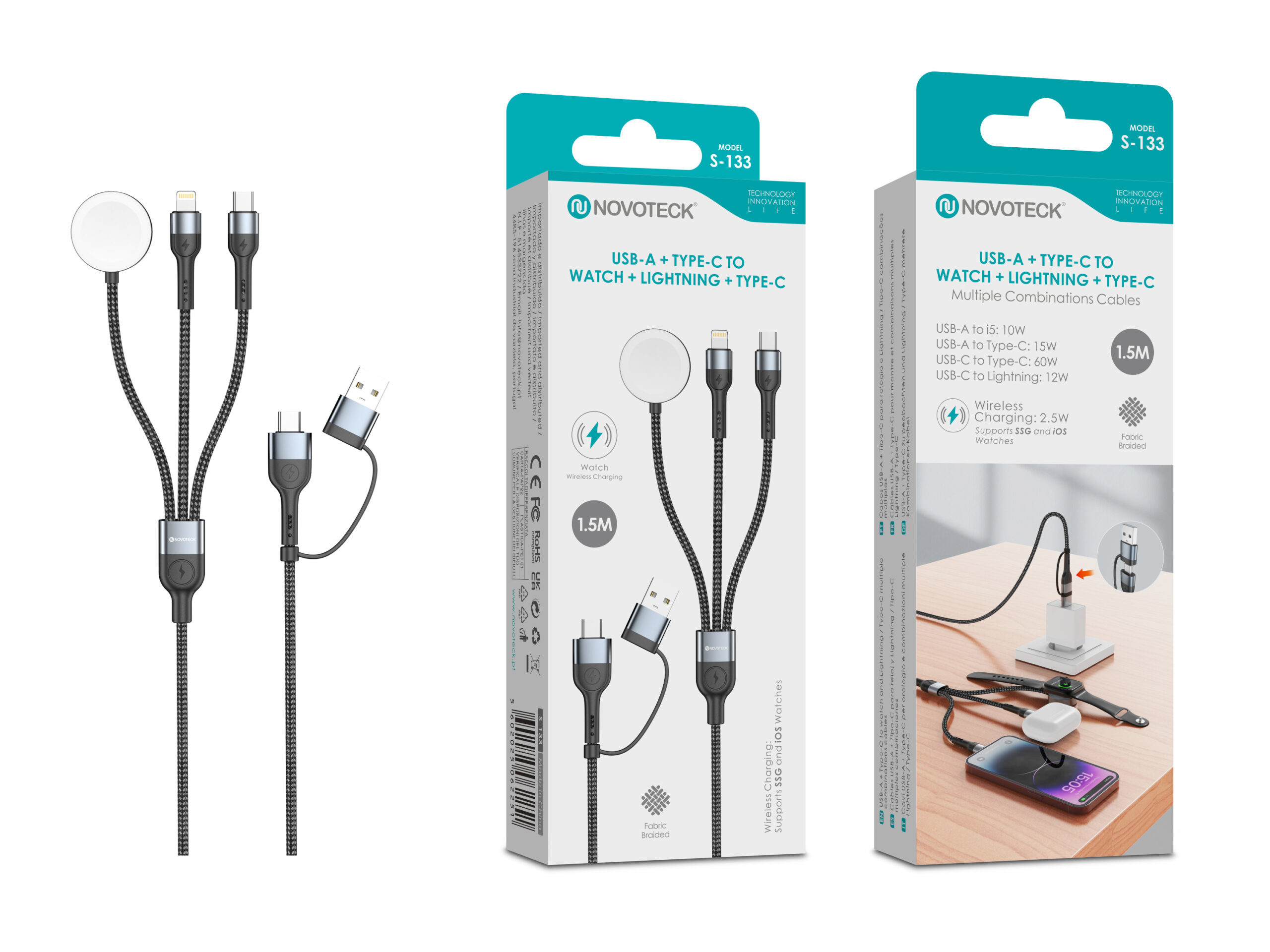 Cabo 3 em 1 Novoteck S-133 – USB-A/Type-C para Watch + Lightning + Type-C, 1.5M, 60W, Carregamento Wireless para Apple Watch e Dispositivos iOS/Androi