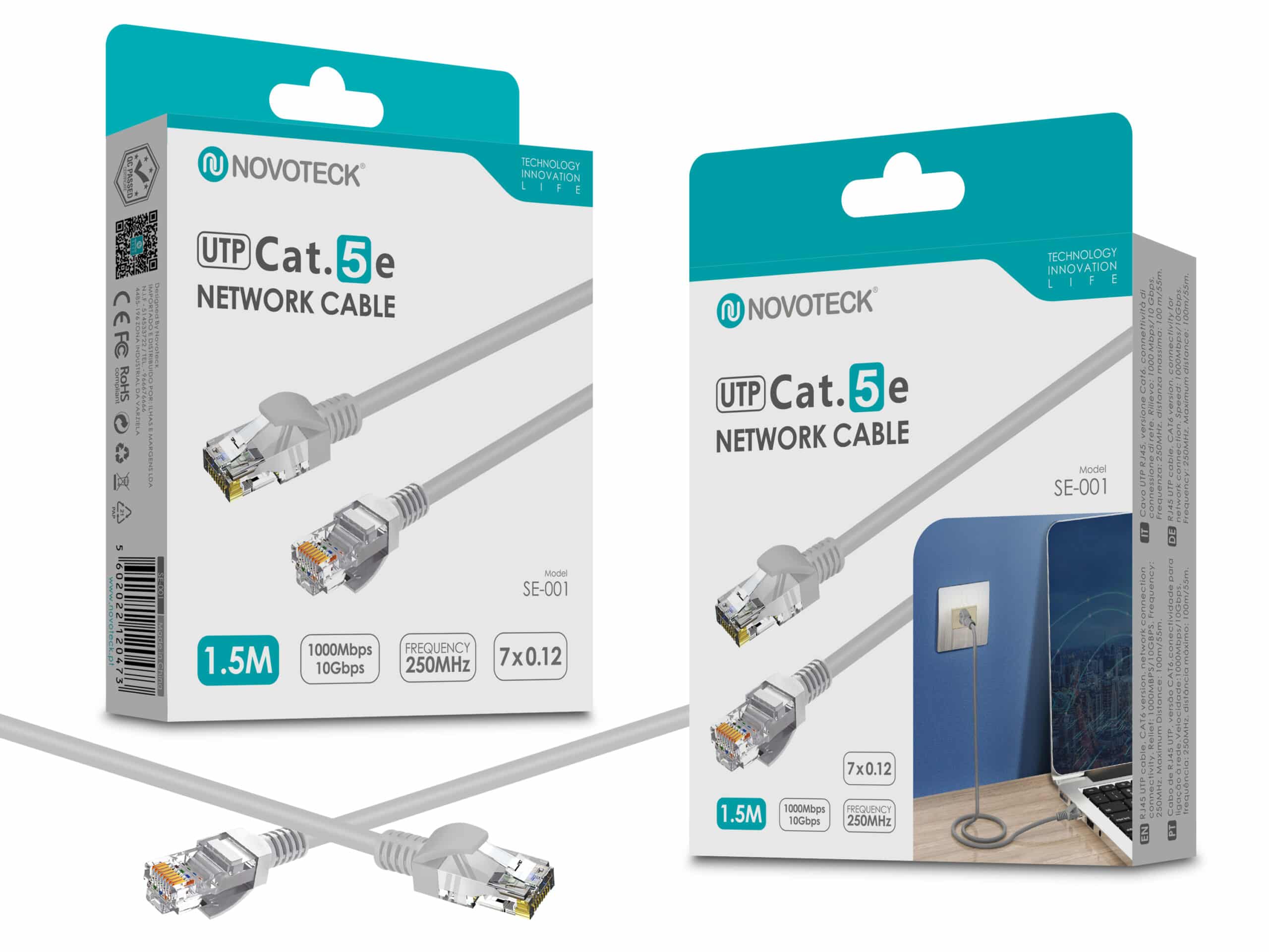 Cabo de Rede Novoteck UTP Cat.5e SE-001 - 1,5m, RJ45,Alta Velocidade 1000 Mbps, 250MHz