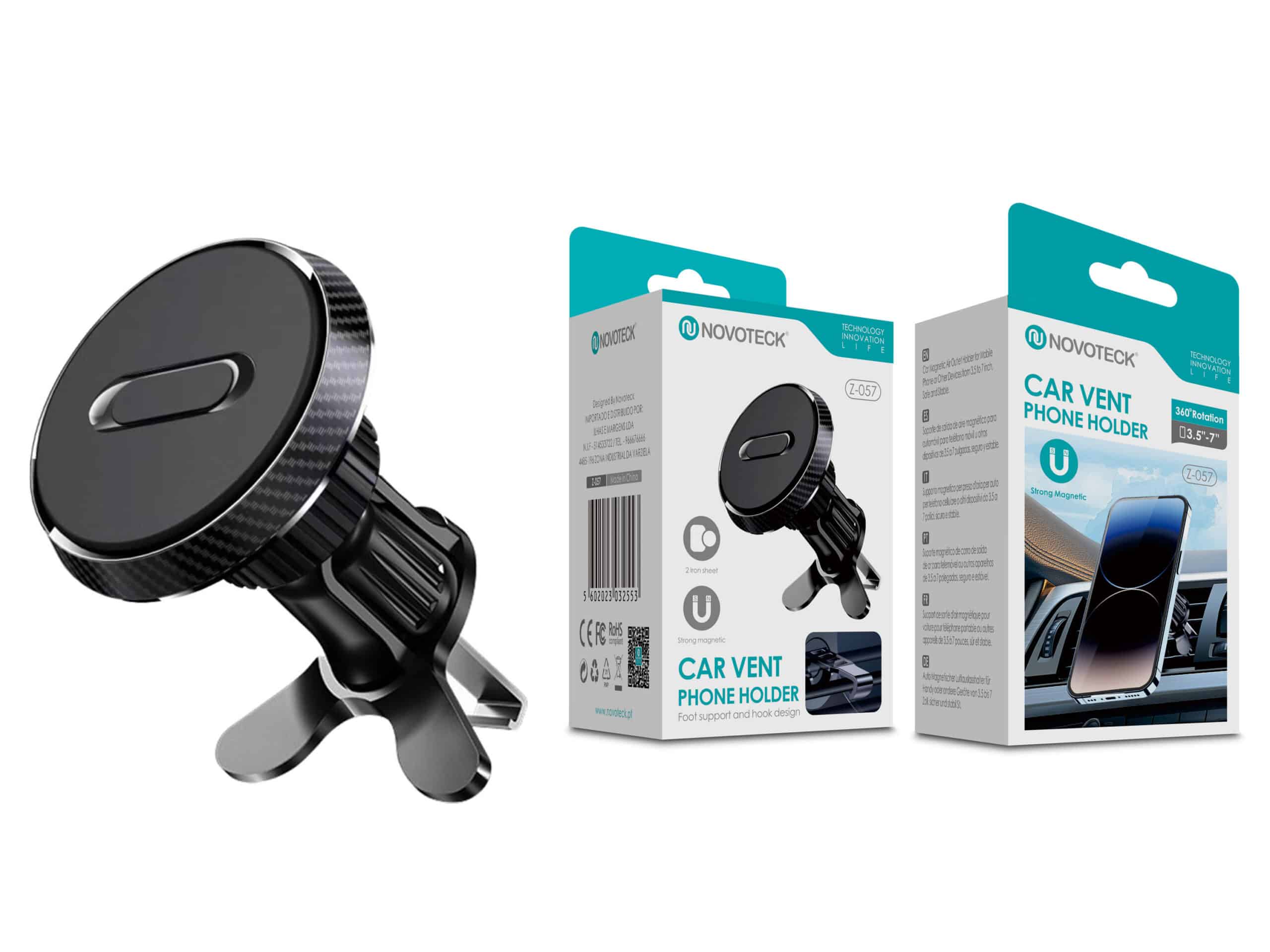 Suporte Magnético Novoteck Z-057 para Ventilação de Carro – Fibra de Carbono, Rotação 360º, Ultra-Aderente
