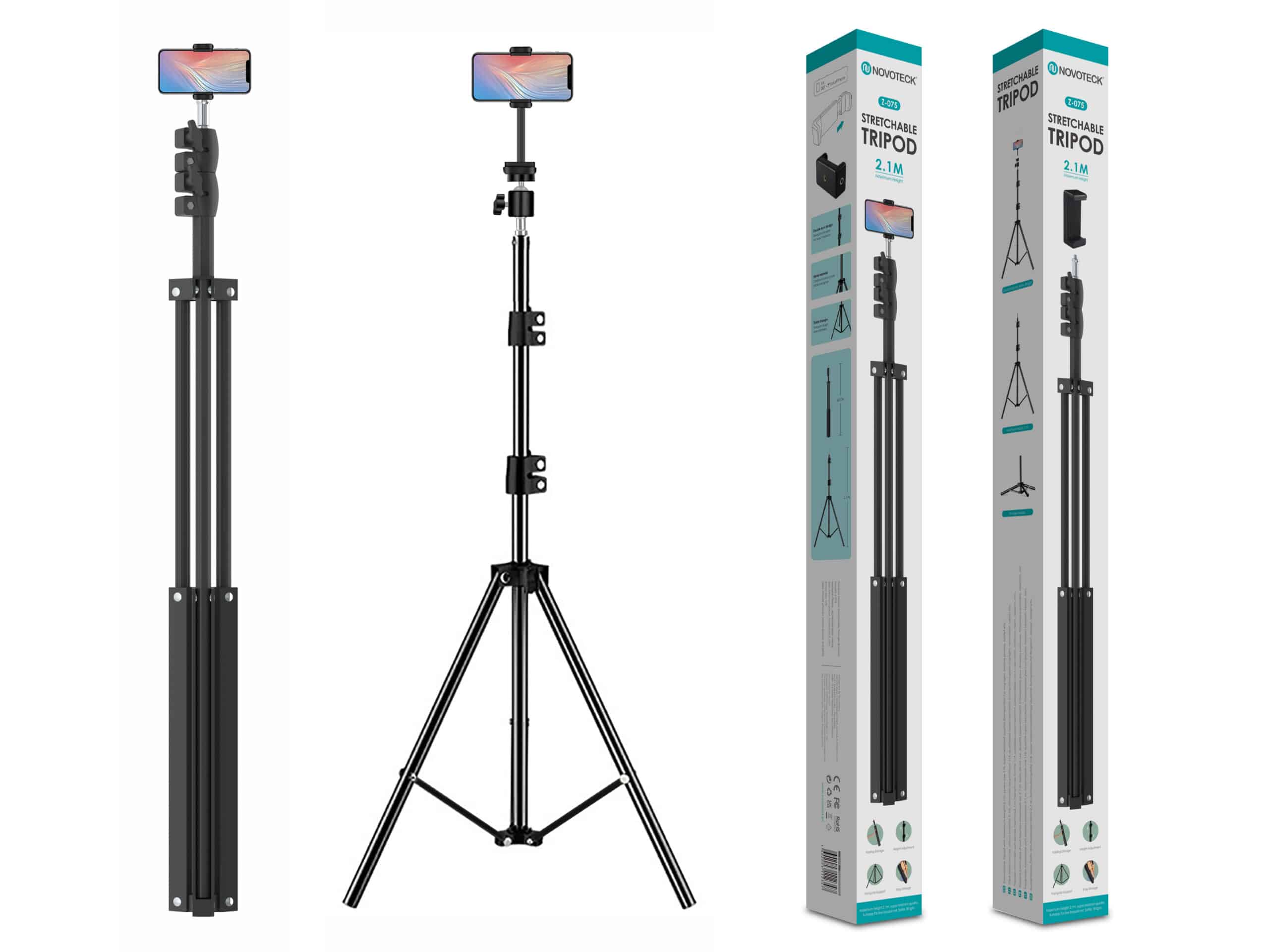 Tripé Extensível Novoteck Z-075– Ajustável até 2,1m, Universal, Portátil e Estável