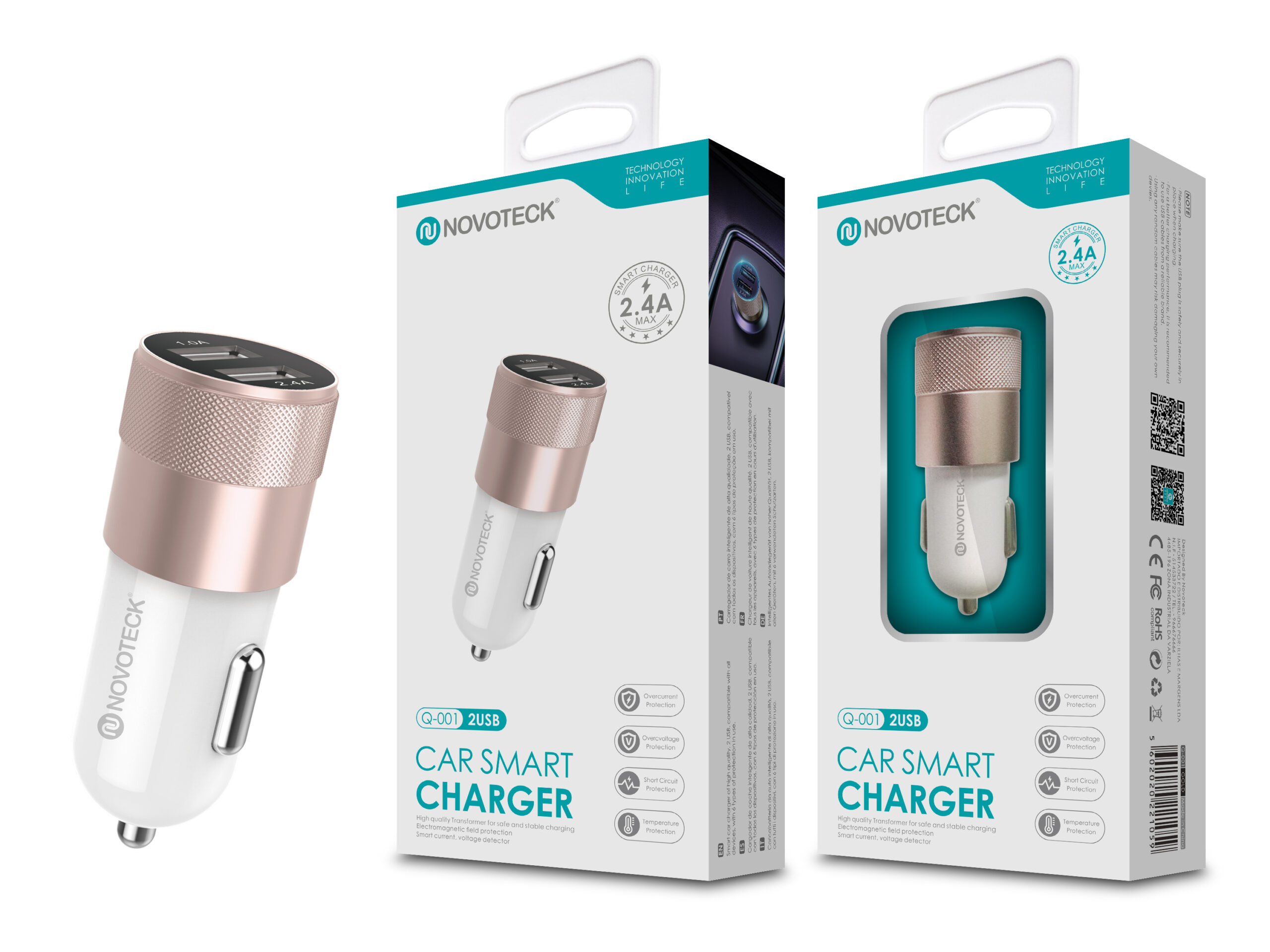 Carregador Automóvel Isqueiro Branco com Duas Portas USB 2.4A Dourado Q-001