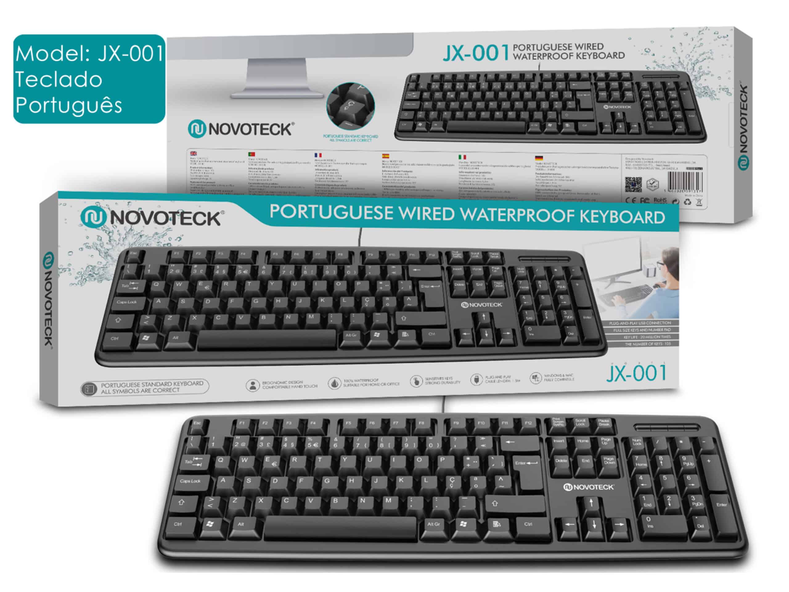 Teclado Português à Prova de Água com Fio NOVOTECK - Durabilidade e Conforto, Modelo JX-001