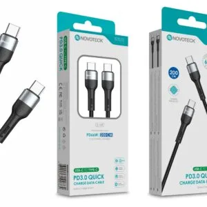 Cabo de Dados Trançado Nylon 3.1A Carregamento Rápido Negro USB-C to Type-C 2.0M