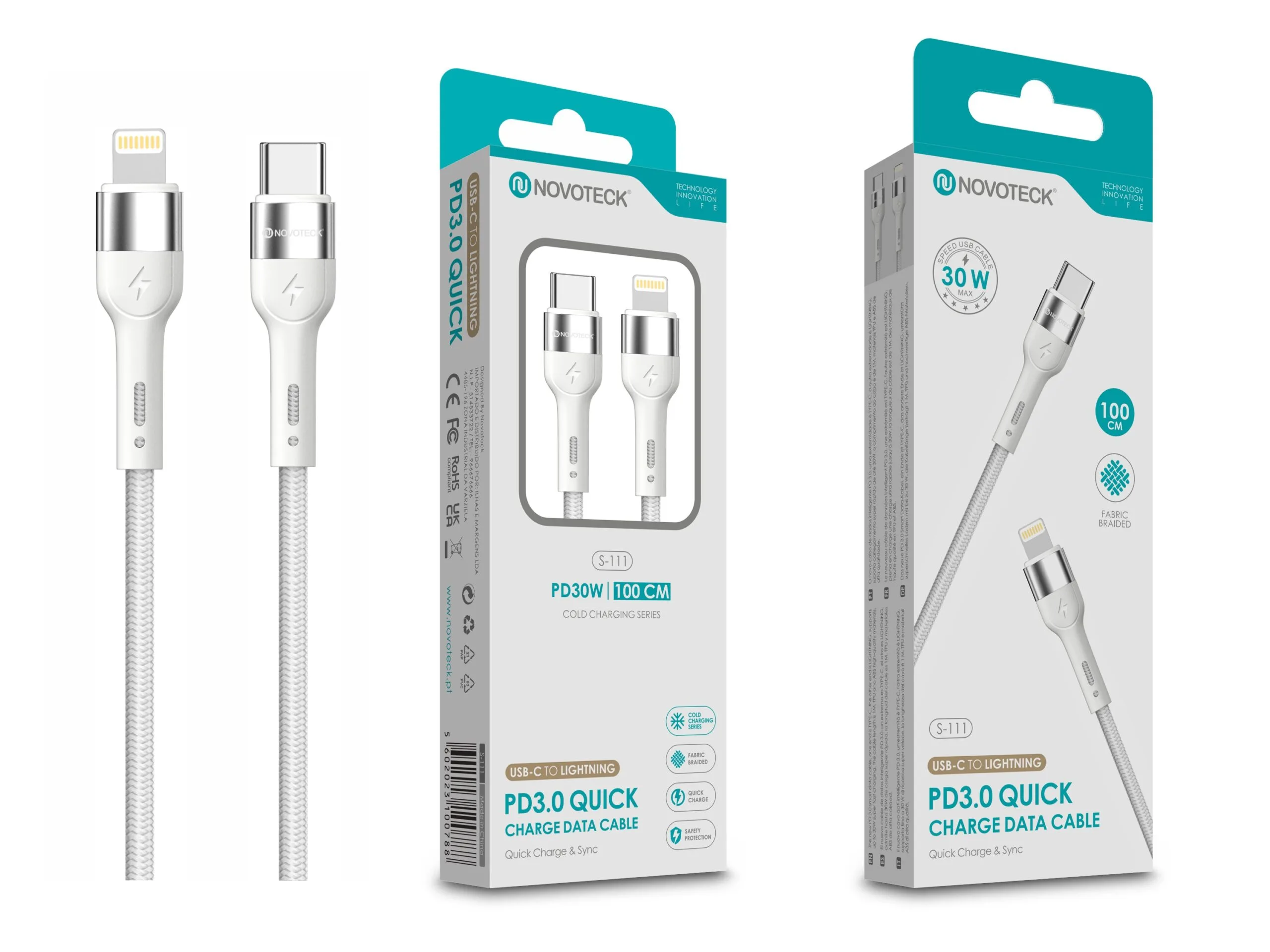 Cabo de Dados Trançado Nylon 3.1A Carregamento Rápido Branco USB-C to Lightinig 1.0M