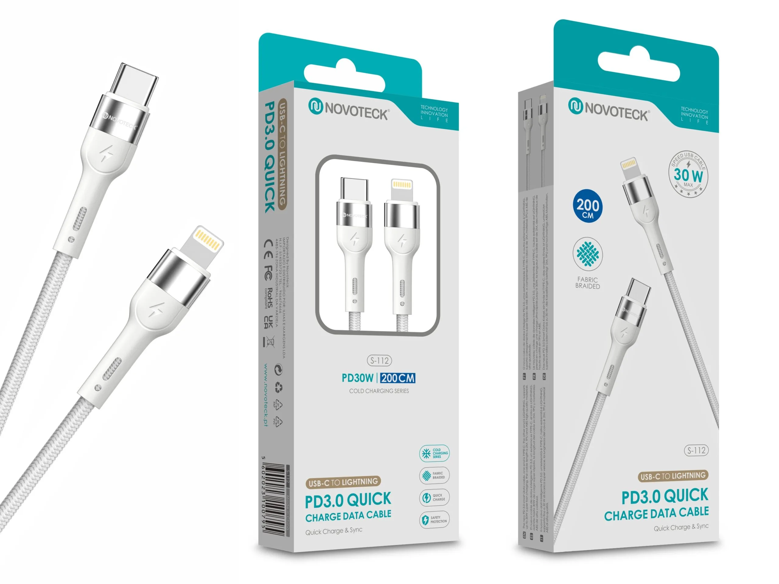 Cabo de Dados Trançado Nylon 3.1A Carregamento Rápido Branco USB-C to Lightinig 2.0M